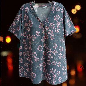 BISHUIGE Womens Henley Tunic Tops T-Shirts Short Sleeve V-Neck Casual Size 2XL